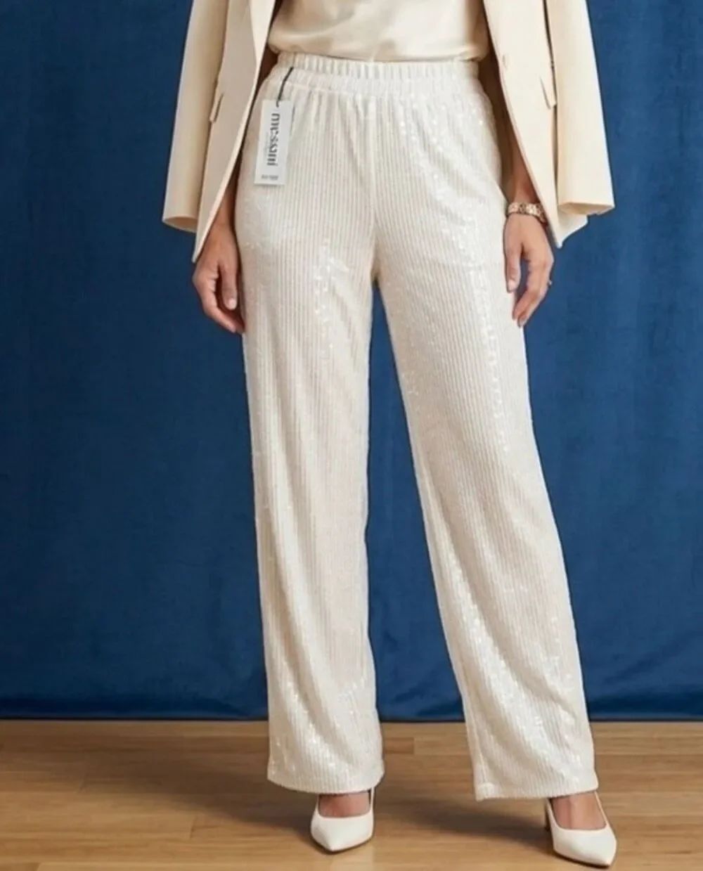 Messini sequin, white and silver wide leg pull on sparkle pants M